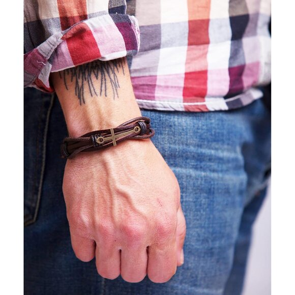 Unisex Brown Braided Leather Cross Faith Jewelry Adjustable Bracelet - Picture 2 of 5